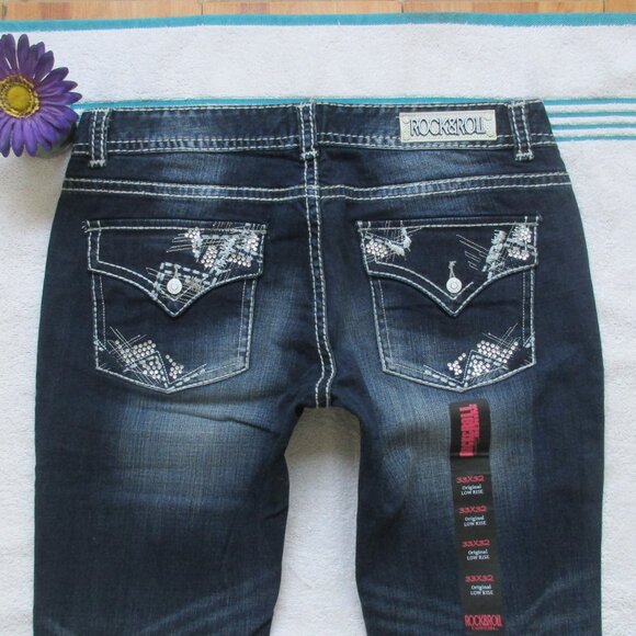 New ROCK & ROLL Cowgirl Jeans Size 33 Low Rise Dark Blue Bootcut Denim - Picture 6 of 12